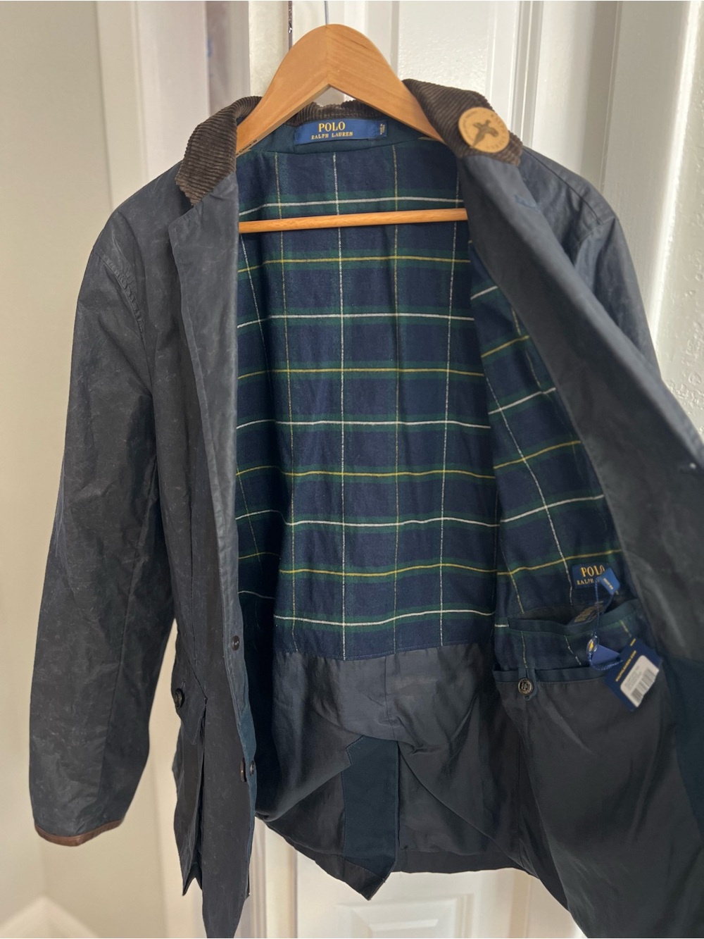 NWT Vtg Polo Ralph Lauren Navy Waxed Cotton Field Coat with Corduroy Collar - Picture 6 of 11